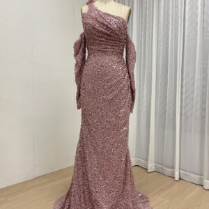 Dusty Pink Elegant One-Shoulder Sequin Gown MY30156