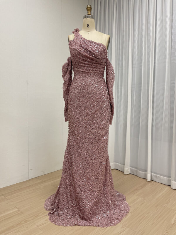 Dusty Pink Elegant One-Shoulder Sequin Gown MY30156