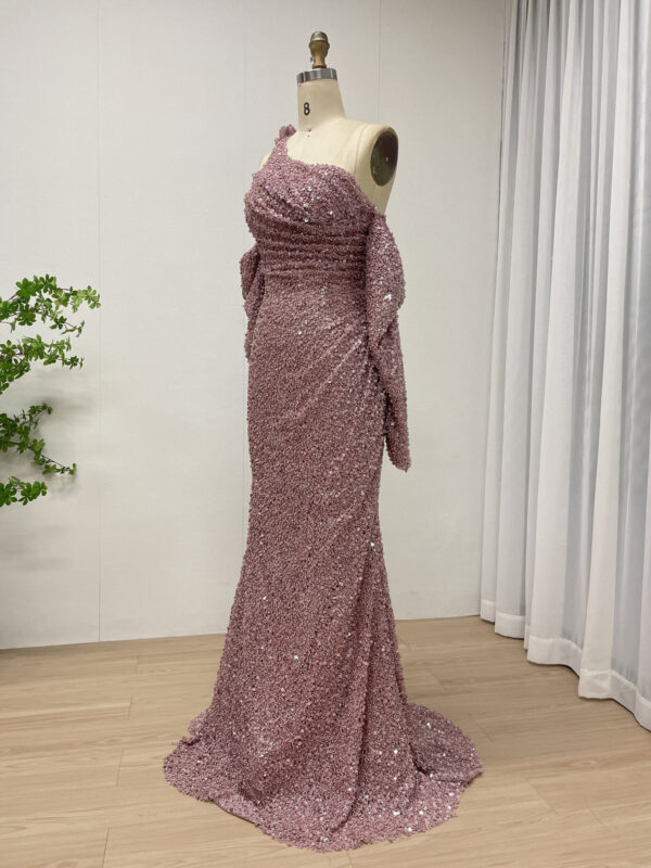 Dusty Pink Elegant One-Shoulder Sequin Gown MY30156 - 图片 4