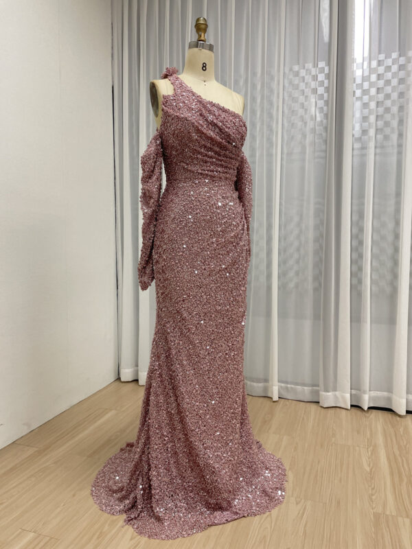 Dusty Pink Elegant One-Shoulder Sequin Gown MY30156 - 图片 2