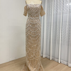 Stunning Beaded Champagne Evening Dress With Off Shoulder Removable Sleeve MY30157