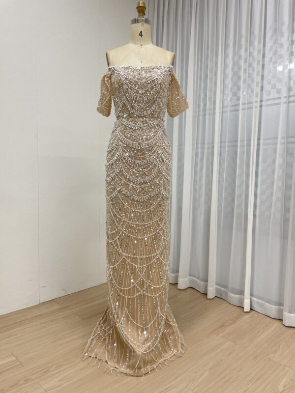 Stunning Beaded Champagne Evening Dress With Off Shoulder Removable Sleeve MY30157
