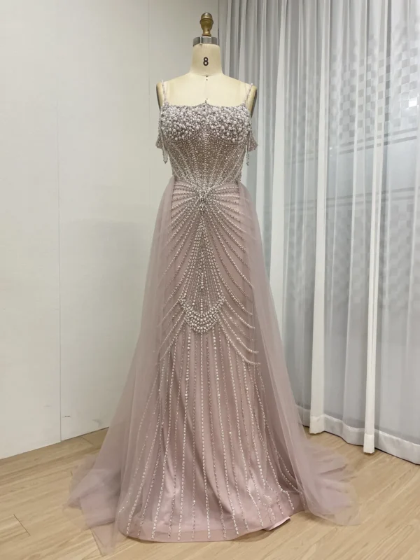 Champagne Beaded Mermaid Gown with Radial Pattern & Detachable Tulle Overskirt MY30160 - 图片 5