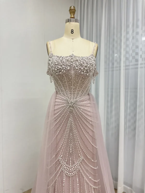 Champagne Beaded Mermaid Gown with Radial Pattern & Detachable Tulle Overskirt MY30160 - 图片 6