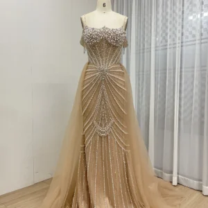 Champagne Beaded Mermaid Gown with Radial Pattern & Detachable Tulle Overskirt MY30160