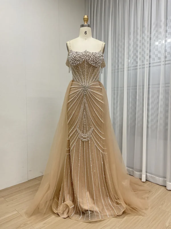 Champagne Beaded Mermaid Gown with Radial Pattern & Detachable Tulle Overskirt MY30160