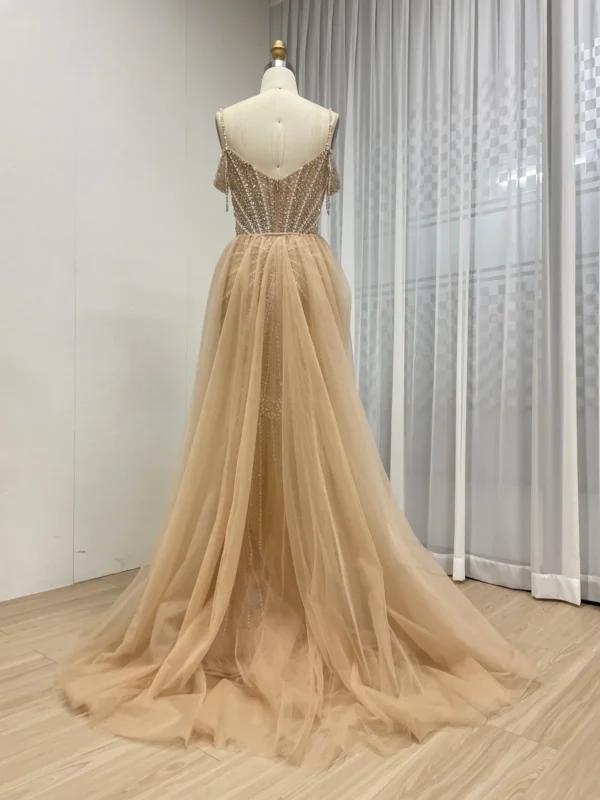 Champagne Beaded Mermaid Gown with Radial Pattern & Detachable Tulle Overskirt MY30160 - 图片 4
