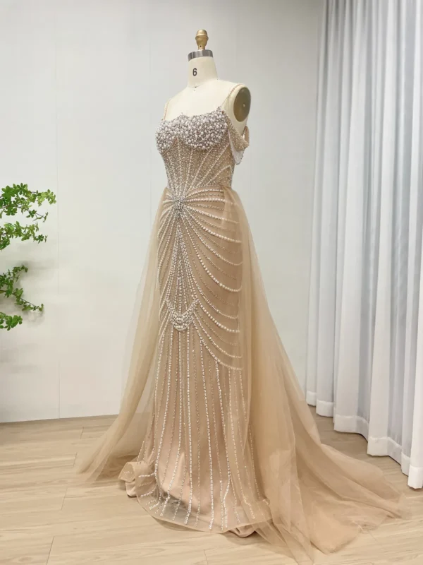 Champagne Beaded Mermaid Gown with Radial Pattern & Detachable Tulle Overskirt MY30160 - 图片 3
