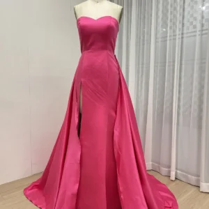 Dramatic Fuchsia Satin Gown With Fitted Bodice And Draped Overlay Skirt MY30162