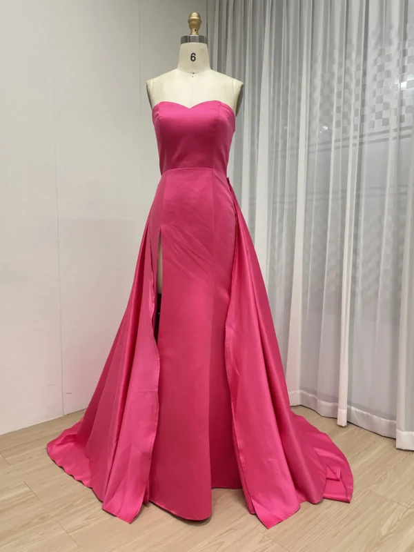Dramatic Fuchsia Satin Gown With Fitted Bodice And Draped Overlay Skirt MY30162