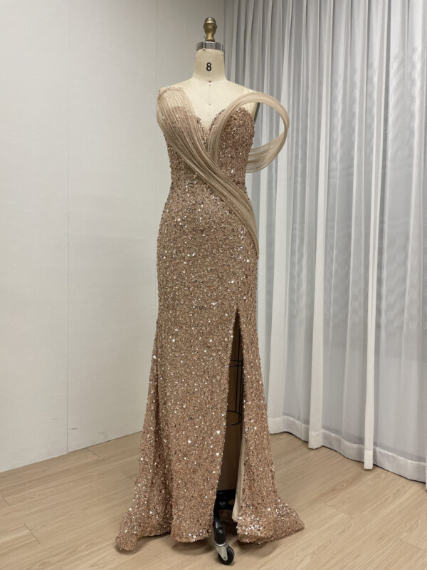 Glamorous Champagne Gown With All-Over Sequin & Beadwork MY30175