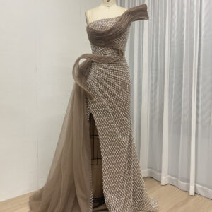 Glamorous Champagne Gown With Beaded Bodice And Tiered Ruffle Skirt MY30179