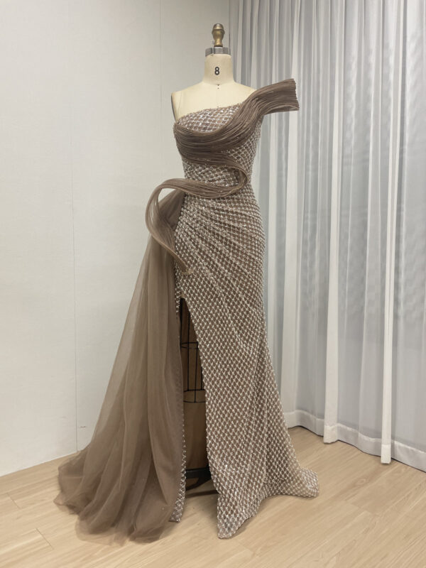 Glamorous Champagne Gown With Beaded Bodice And Tiered Ruffle Skirt MY30179