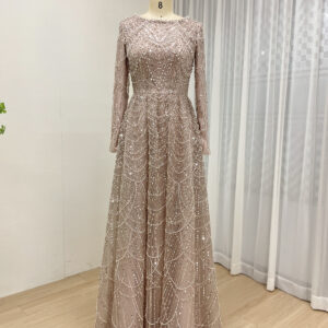 Modest Blush Pink A-line Gown With Beaded Long Sleeves MY30183