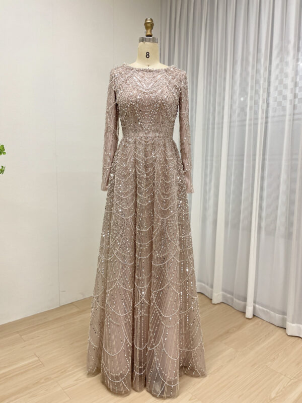 Modest Blush Pink A-line Gown With Beaded Long Sleeves MY30183