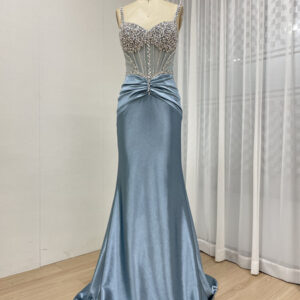 Dream Blue Straps Evening Dress Charm Beaded Gown MB40423
