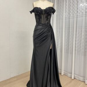 Black Charm Lace Beading Elegance Off-Shoulder Dress MB40425