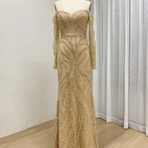 Golden Elegance Off Shoulder Long Sleeve Evening Beaded Gown MY30190