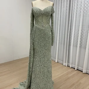 Sparkling Sage Green Off-Shoulder Mermaid Evening Gown with Long Sleeves MY30171