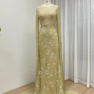 Elegant Yellow Long Sleeve Beaded Mermaid Evening Gown with Cape MY30192
