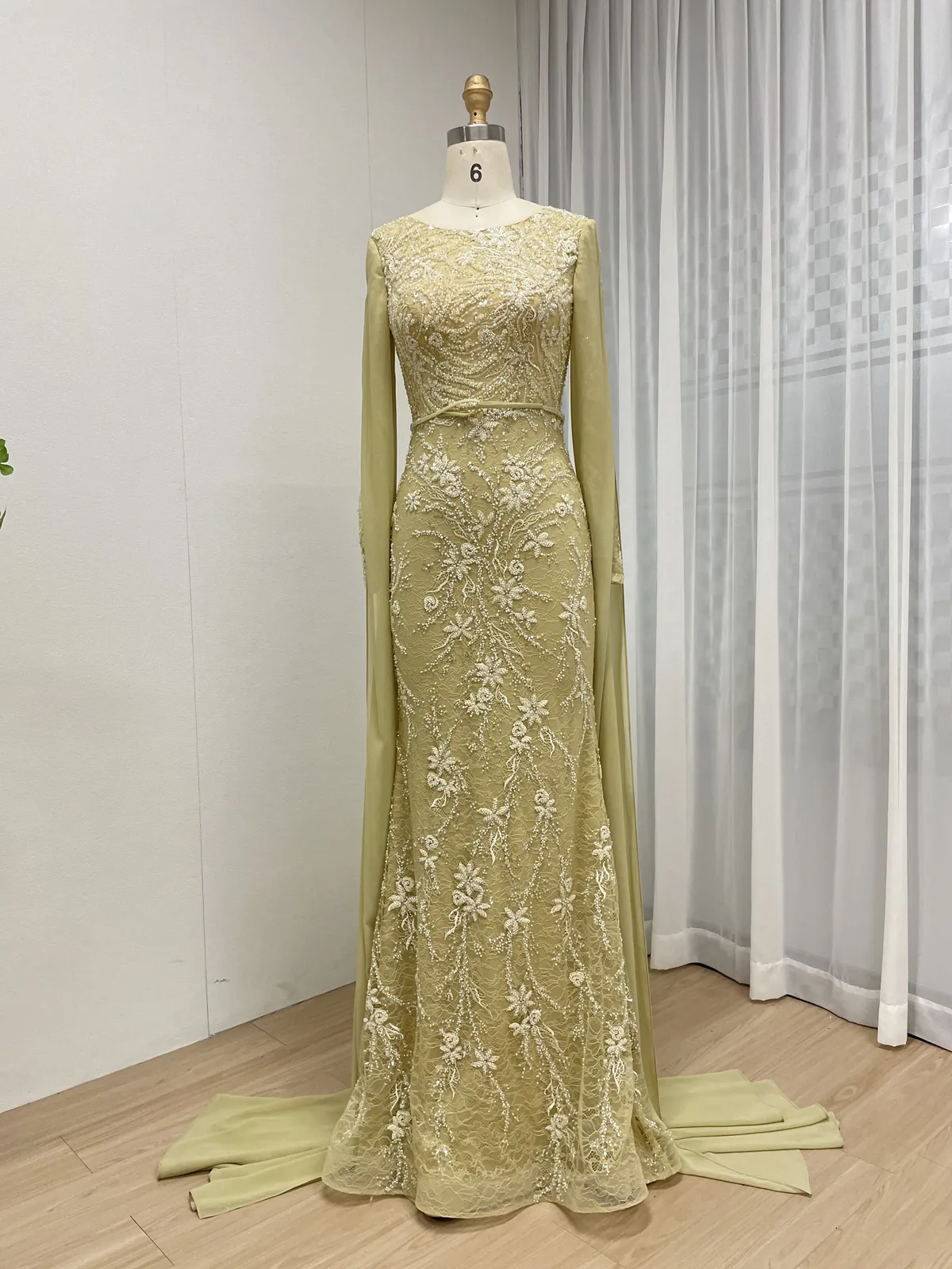 Elegant Yellow Long Sleeve Beaded Mermaid Evening Gown with Cape MY30192