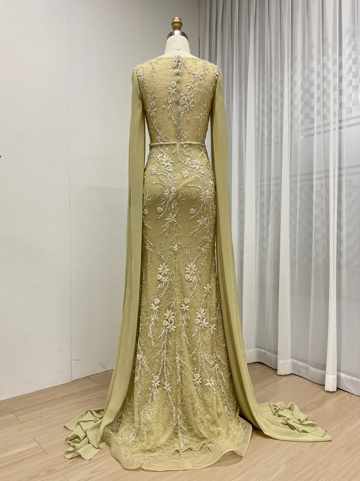 Elegant Yellow Long Sleeve Beaded Mermaid Evening Gown with Cape MY30192 - 图片 5