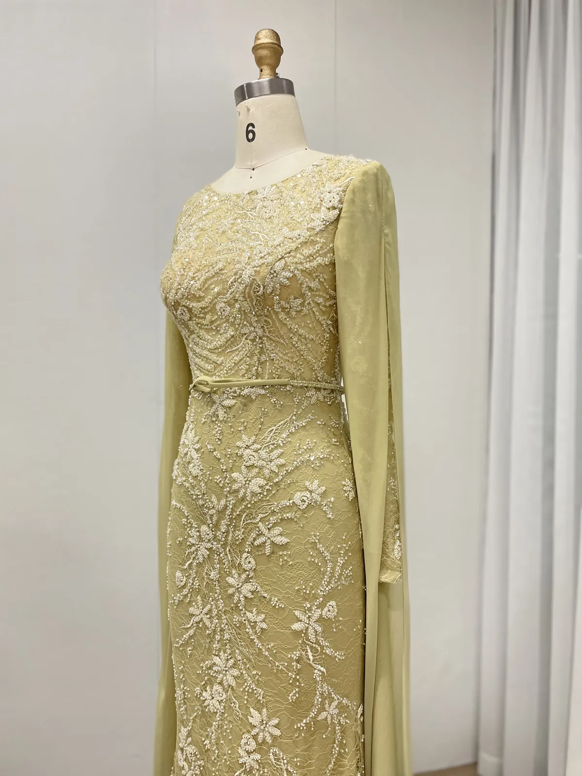 Elegant Yellow Long Sleeve Beaded Mermaid Evening Gown with Cape MY30192 - 图片 3