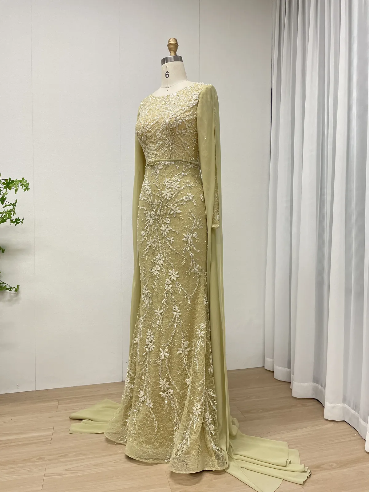 Elegant Yellow Long Sleeve Beaded Mermaid Evening Gown with Cape MY30192 - 图片 2