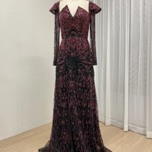 Glamorous Burgundy & Black Beaded Evening Gown with V-Neck and Sheer Sleeves MY30194