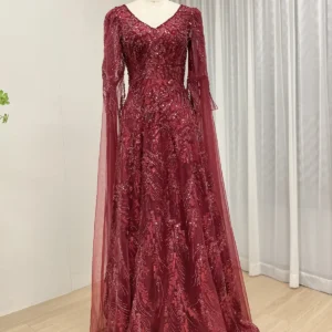 Elegant Burgundy A-Line Evening Gown with Beaded Embroidery and Cape Sleeves MY30196