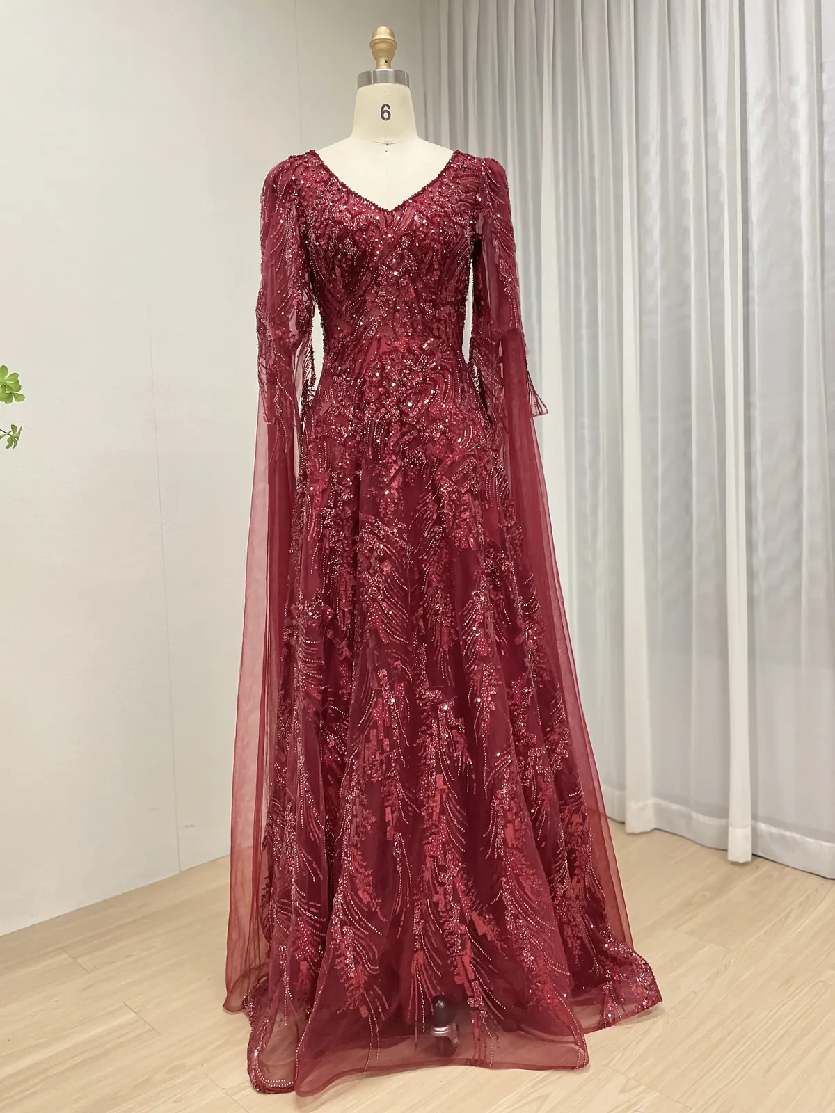 Elegant Burgundy A-Line Evening Gown with Beaded Embroidery and Cape Sleeves MY30196