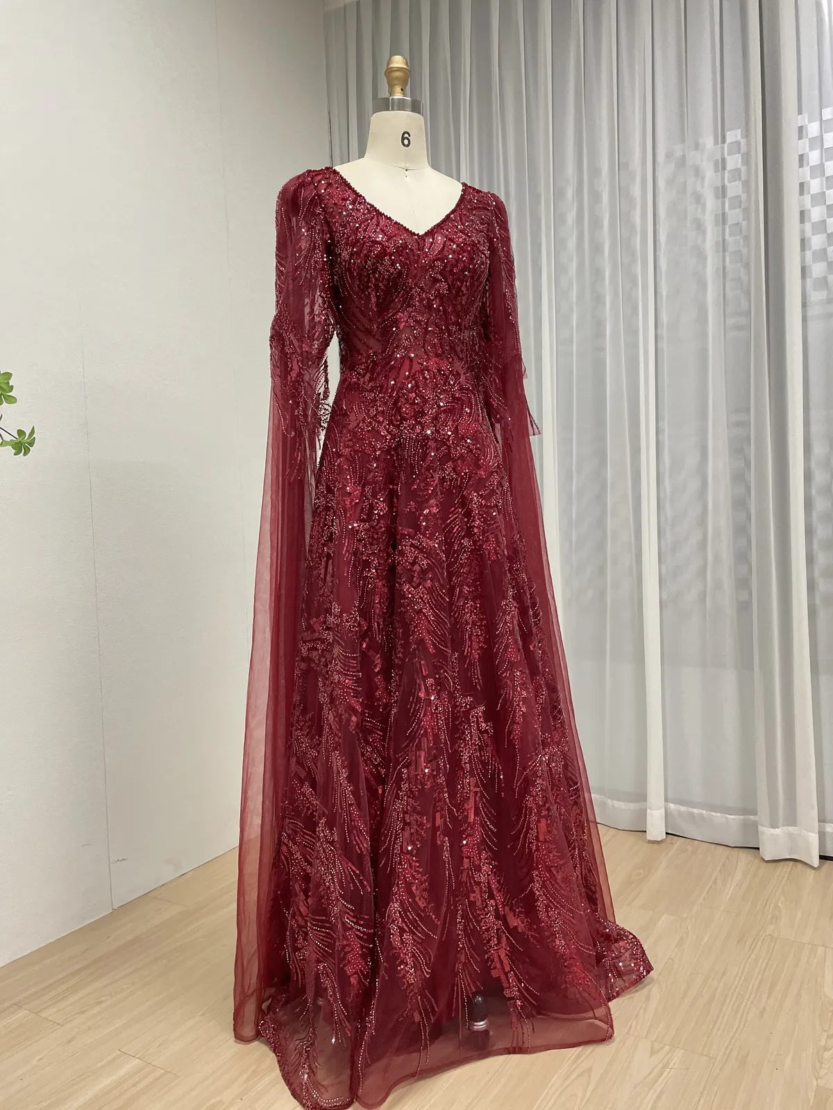 Elegant Burgundy A-Line Evening Gown with Beaded Embroidery and Cape Sleeves MY30196 - 图片 3