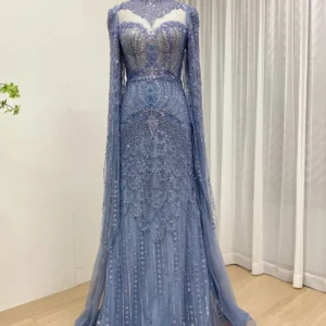 Luxury Dusty Blue High Neck Beaded Mermaid Evening Gown with Sheer Bodice and Cape Sleeves MY30197