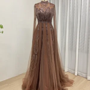 Elegant Brown A-Line Evening Gown with High Neck and Full Beaded Embroidery MY30198