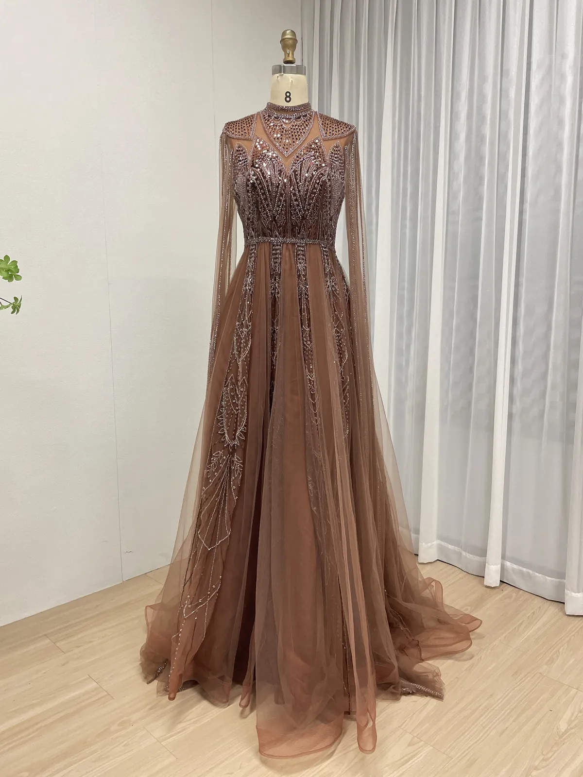 Elegant Brown A-Line Evening Gown with High Neck and Full Beaded Embroidery MY30198