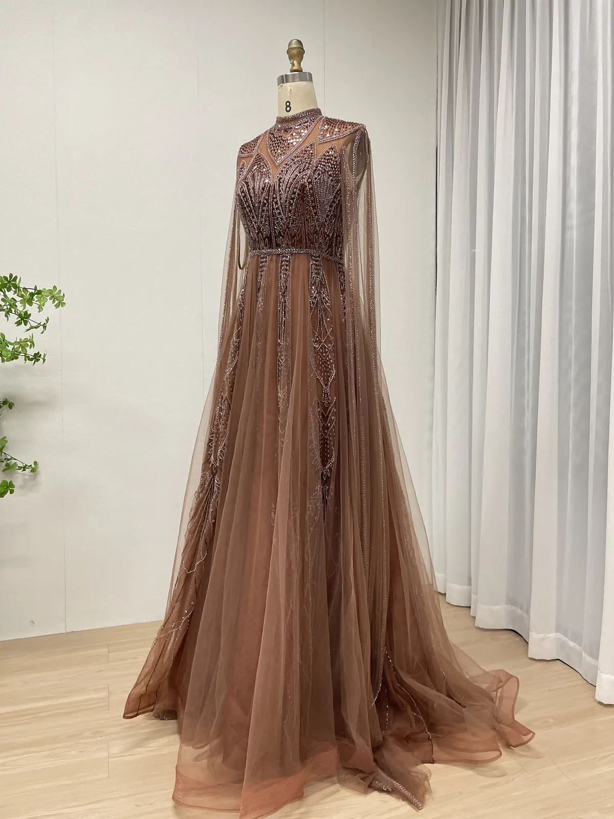Elegant Brown A-Line Evening Gown with High Neck and Full Beaded Embroidery MY30198 - 图片 3