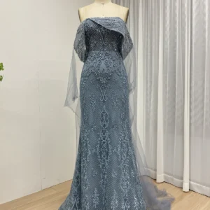 Dusty Blue Off-Shoulder Mermaid Evening Gown with Embroidered Lace and Tulle Cape Train MY30199