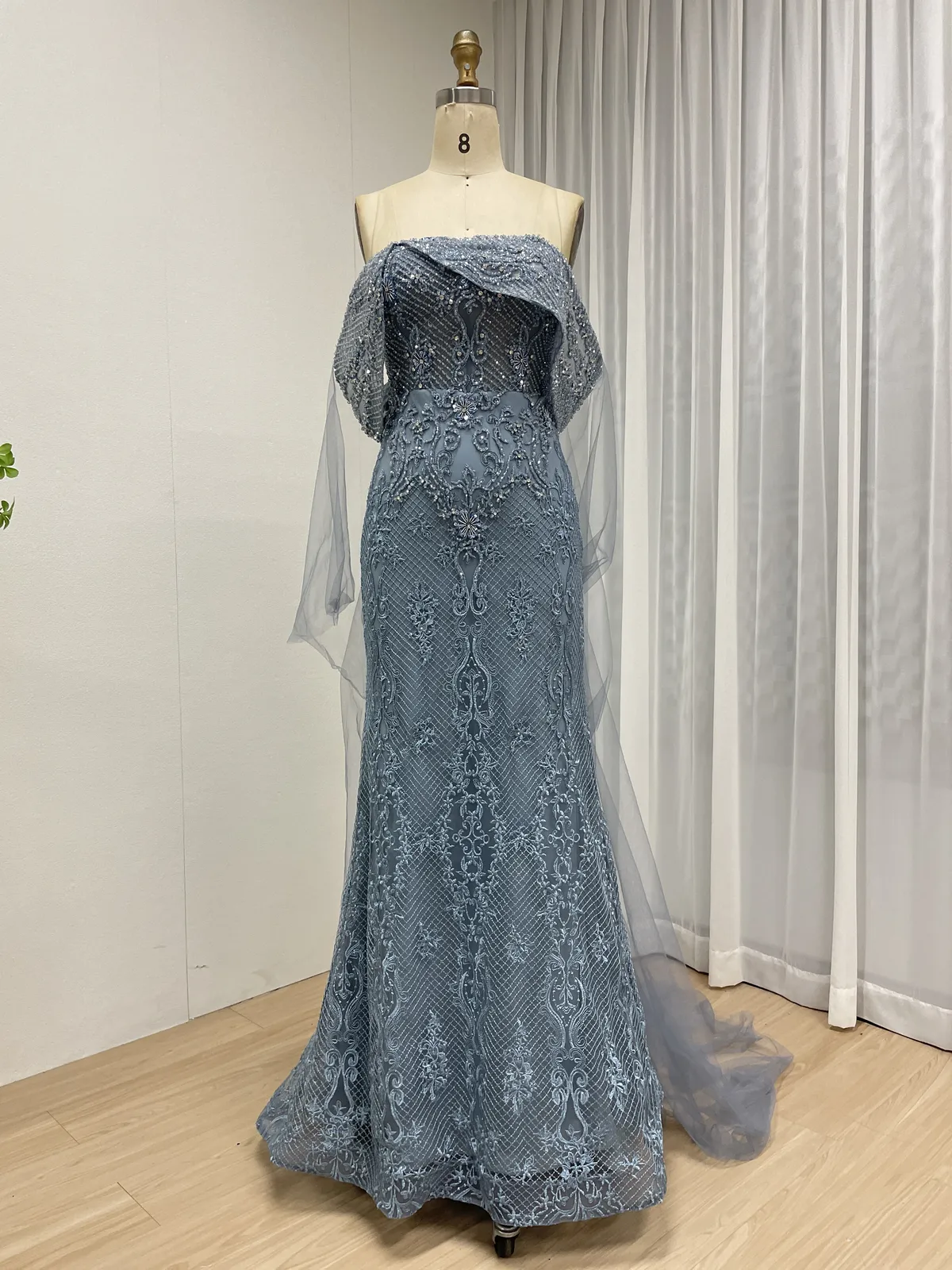 Dusty Blue Off-Shoulder Mermaid Evening Gown with Embroidered Lace and Tulle Cape Train MY30199