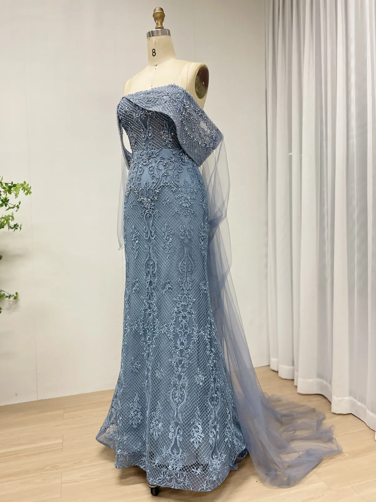 Dusty Blue Off-Shoulder Mermaid Evening Gown with Embroidered Lace and Tulle Cape Train MY30199 - 图片 3