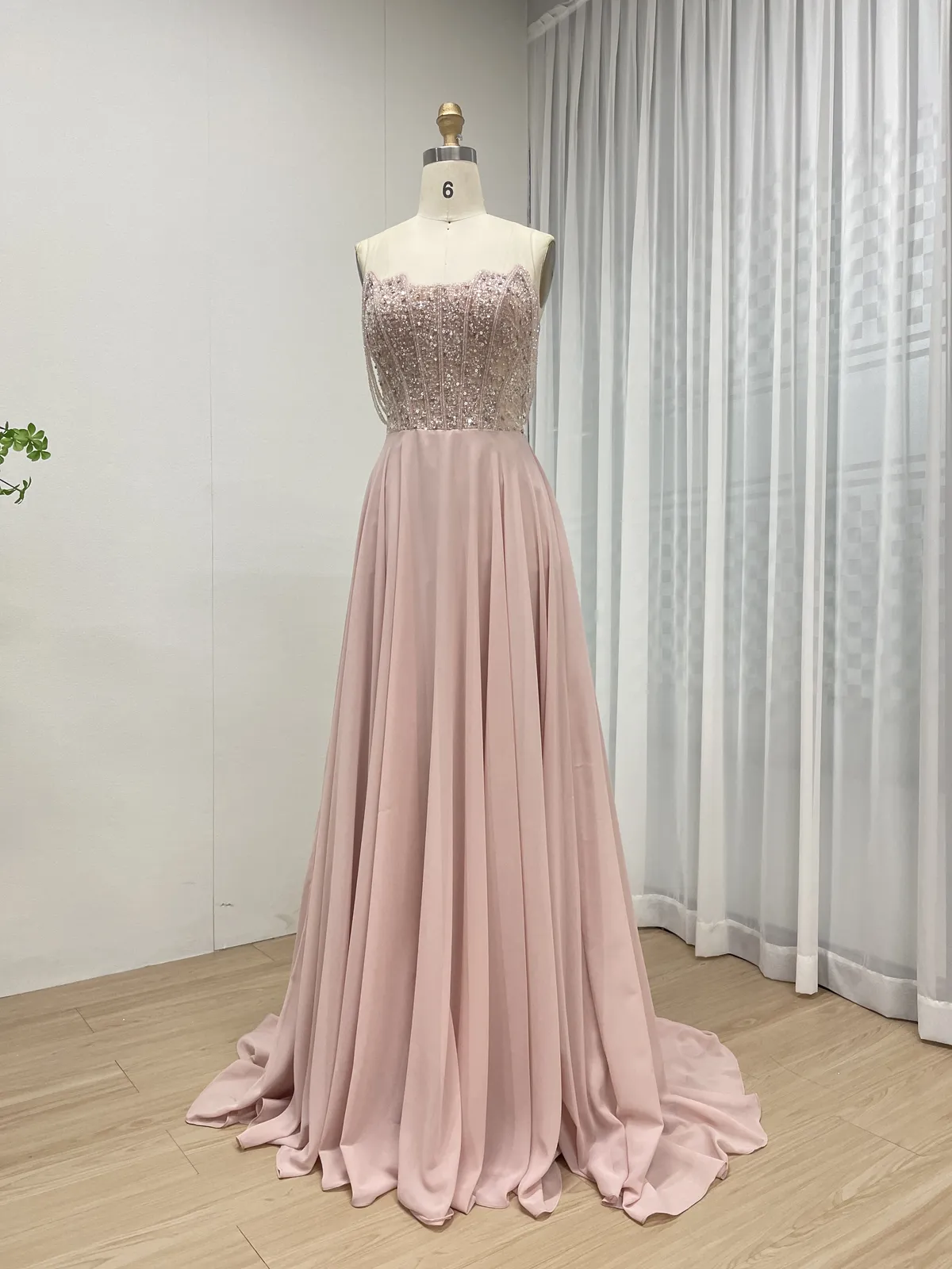 Blush Pink Strapless Beaded Bodice Chiffon A-Line Evening Dress with Long Flowing Skirt MB40310