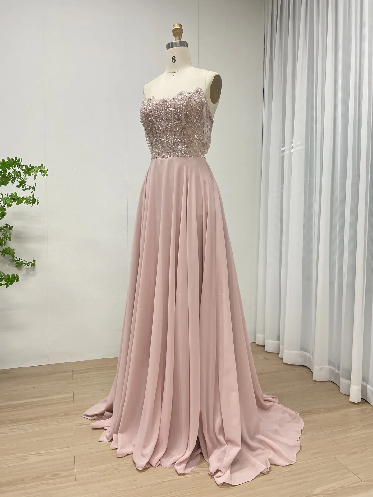 Blush Pink Strapless Beaded Bodice Chiffon A-Line Evening Dress with Long Flowing Skirt MB40310 - 图片 2