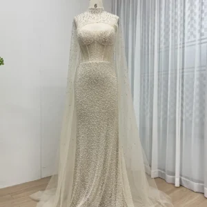Ivory Pearl Beaded Mermaid Evening Dress with Detachable Sheer High-Neck Cape MB40312