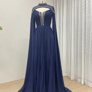 Navy Blue Beaded Chiffon Evening Dress with Detachable High-Neck Cape and Pleated Skirt MB40313