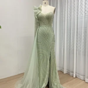 Light Green One-Shoulder Beaded Mermaid Evening Dress with Ruffle Detail and Tulle Side Train MB40314