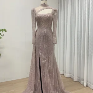 Pink Sequin Long Sleeve Evening Dress with Asymmetrical Neckline and Front Slit Wholesale Gown MB40316