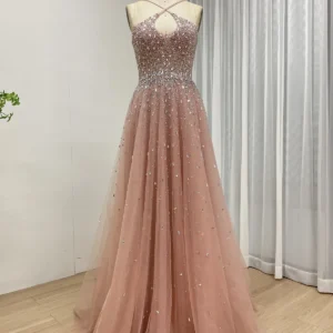 Pink Beaded Halter Neck Tulle Evening Dress with Cutout Bodice Wholesale Formal Gown MB40317-2