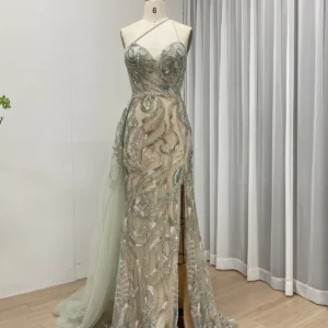 Light Green One Shoulder Beaded Evening Dress with Front Slit and Tulle Train Wholesale Gown MB40318