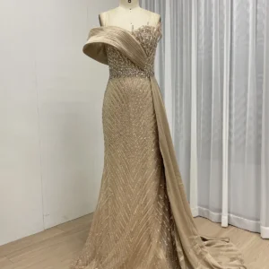 Luxury Champagne One-Shoulder Beaded Evening Dress with Side Drape & High Slit | Wholesale Formal Gown MB40320