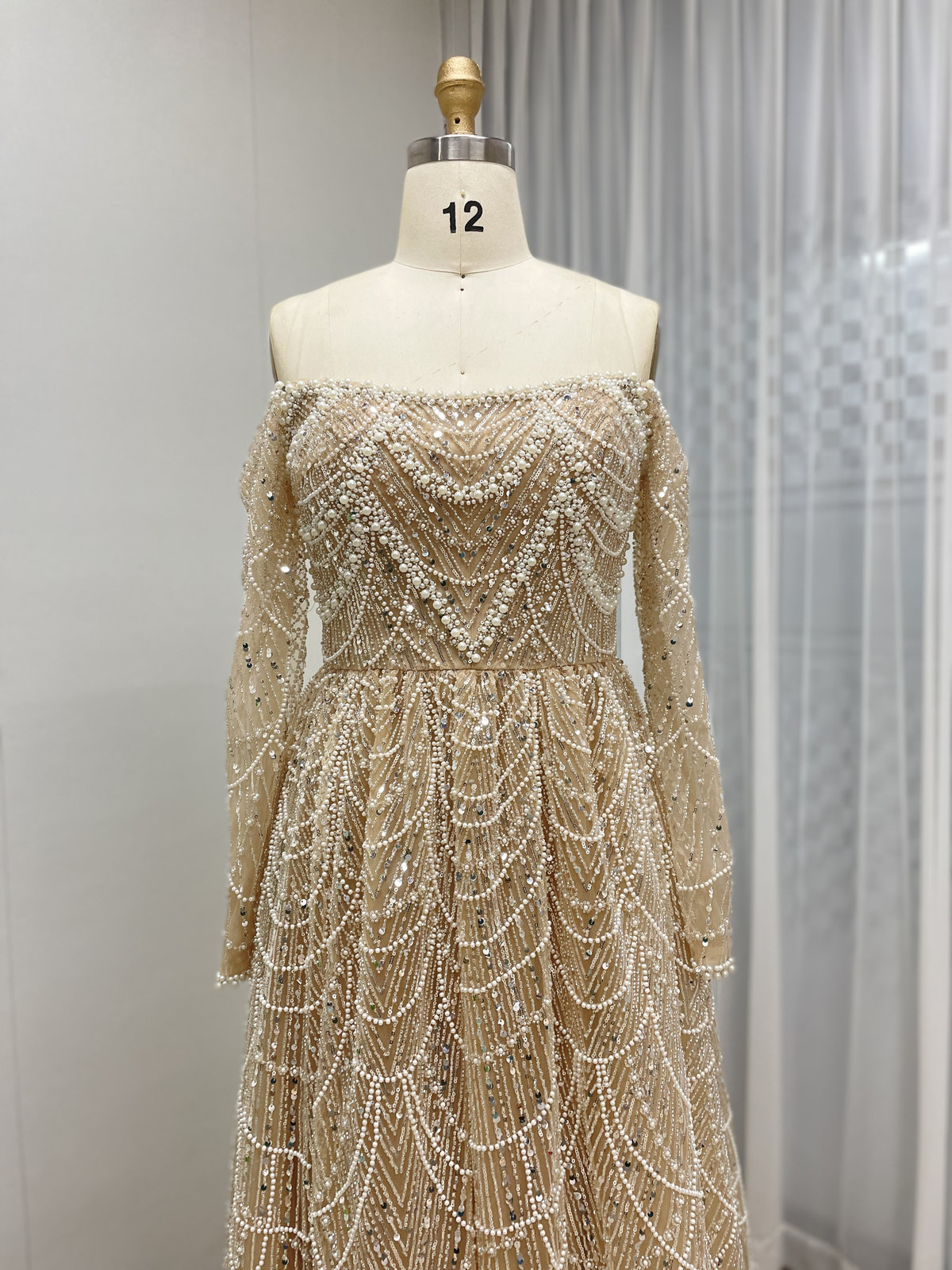 Champagne Off-Shoulder Long Sleeve A-Line Evening Gown with Full Beaded Scallop Pattern MY30105L-2L - 图片 2