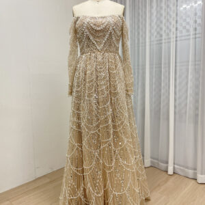 Champagne Off-Shoulder Long Sleeve A-Line Evening Gown with Full Beaded Scallop Pattern MY30105L-2L